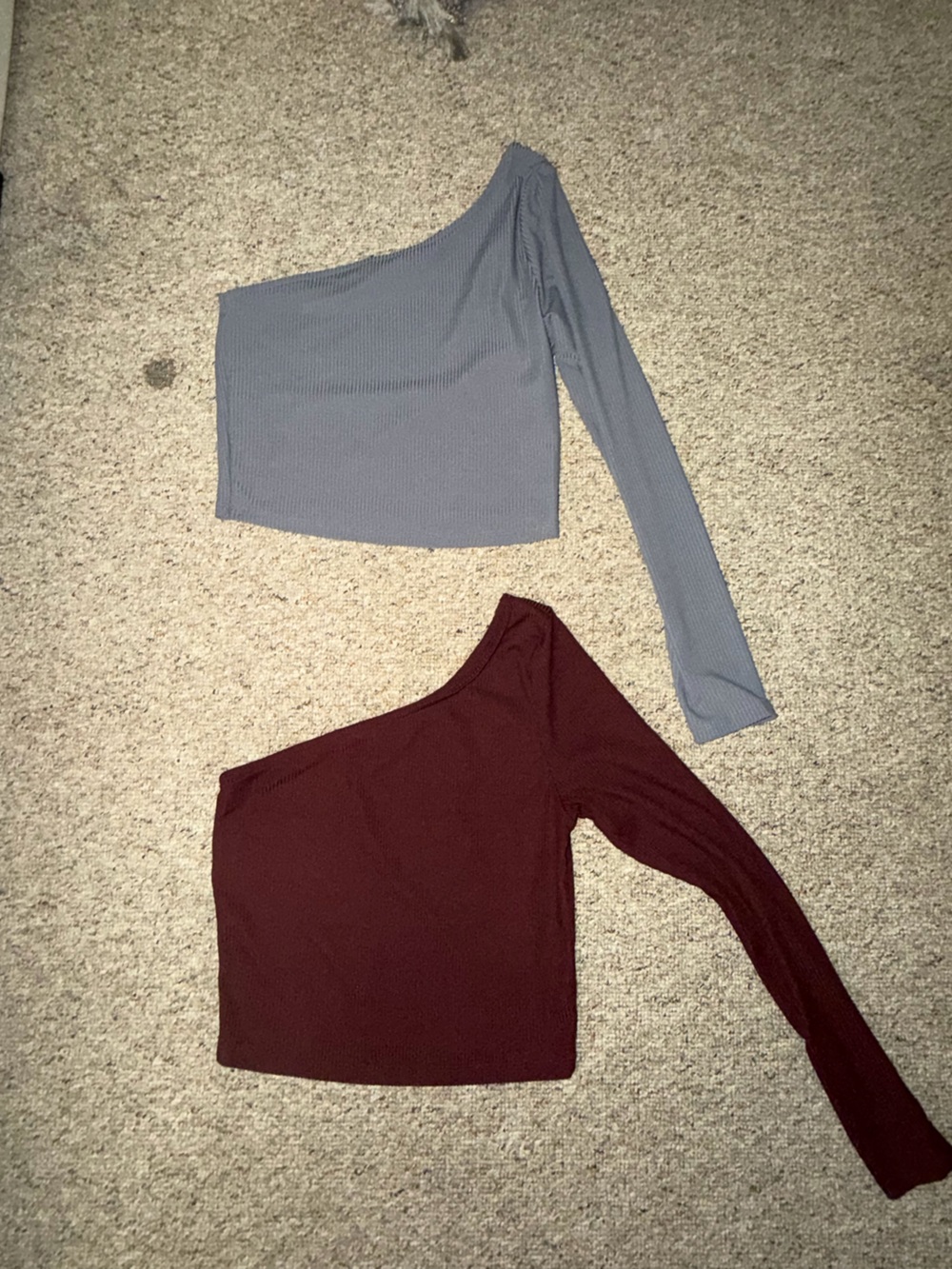 ASOS One-Shoulder Long Sleeve Crop Top in Light Gray and Burgundy